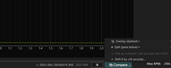 Tunelyzer comparing two runs with overlay showing before-and-after tune change