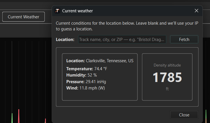 Tunelyzer Current Weather dialog showing live density altitude for the user's location
