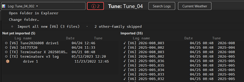Tunelyzer log selector showing new and previously-loaded .dl and .dlz files with V6 and TX badges