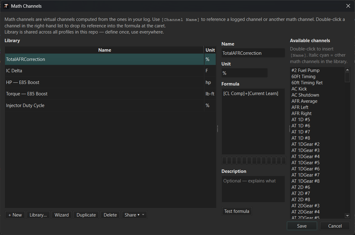Tunelyzer math channel editor showing a Horsepower formula built from RPM and Torque