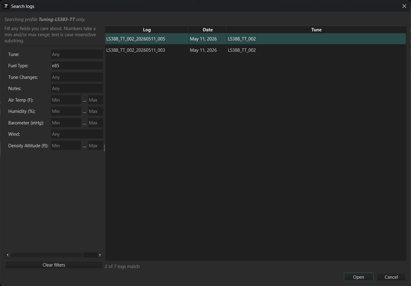 Tunelyzer Search Logs dialog filtering by fuel type with a live 2-of-7 match count